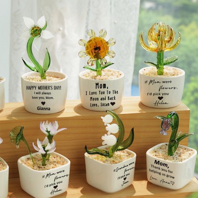 Custom Glass Potted Birth Flowers Birth Month Glass Flower Pot Mothers Day Gifts for Mom or Grandmother