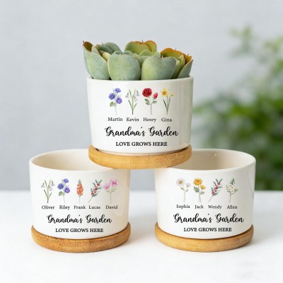Personalized Grandma's Garden Ceramic Pot Custom Birth Flower Planter With Names Mother's Day Gift For Mom